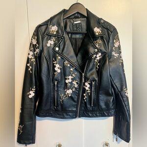 Flower Embroidered Semi-Fitted Vegan Leather Jacket